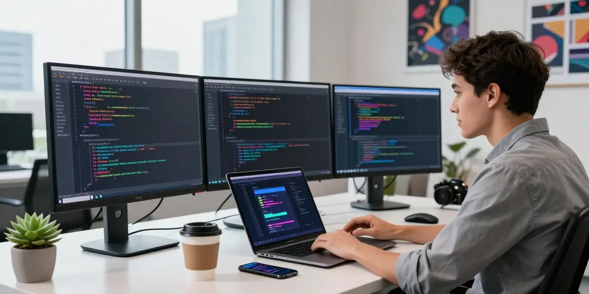 Young professional coding in a modern tech workspace, showcasing 纸飞机中文版官网 on screens and devices.