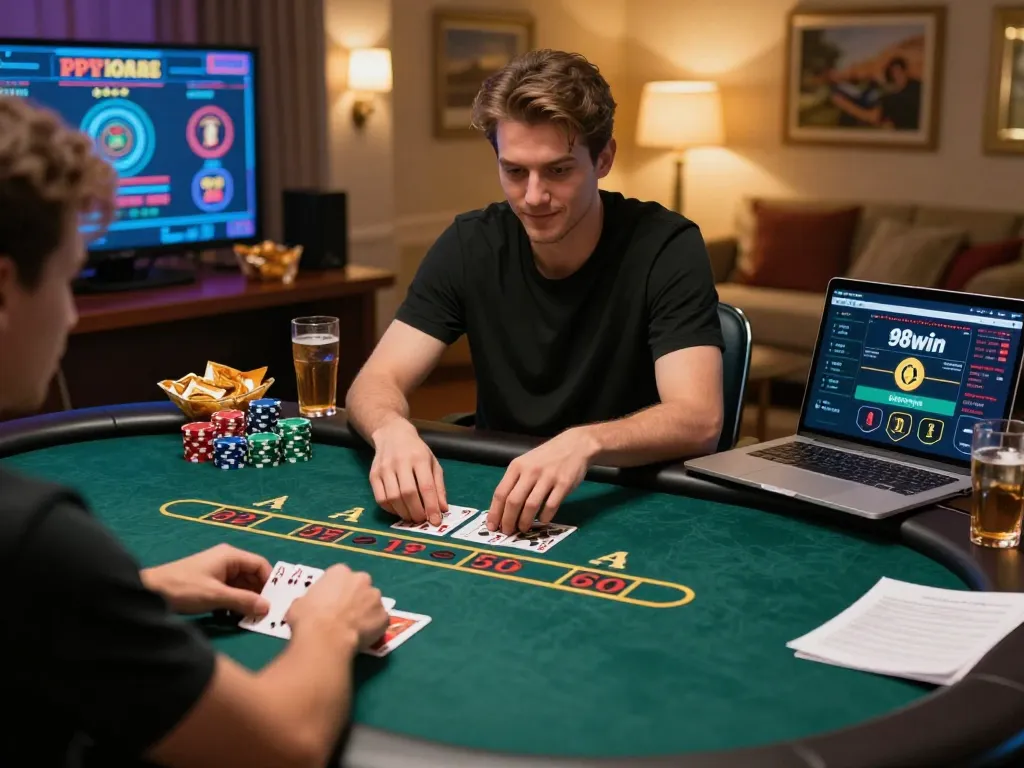 Player enjoying a thrilling blackjack game on 98win, focusing intently on their cards with chips stacked high.