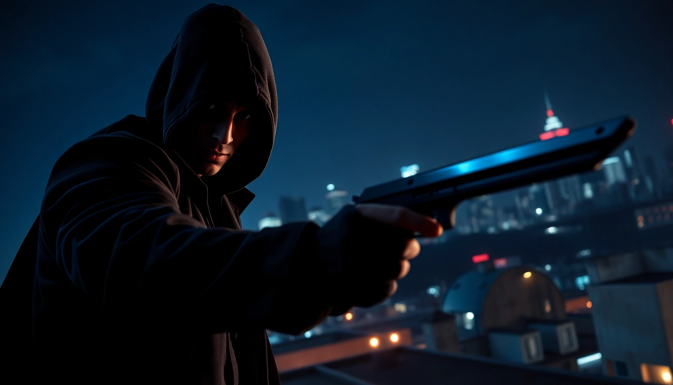 Assassin in action with Contracts and Bullets in a dramatic urban night setting.