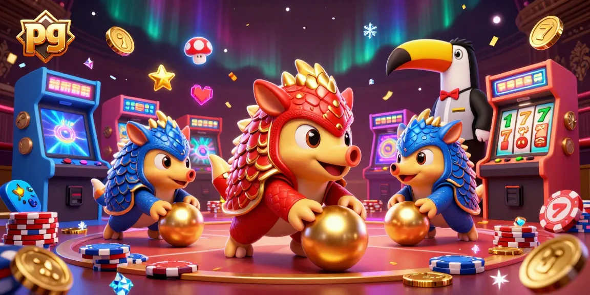 Experience thrilling gameplay in colorful pg slots with vibrant pangolins rolling into golden jackpots amidst dynamic casino elements.