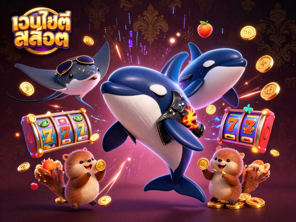 Spin the reels for big wins at เว็บไซต์สล็อต, featuring an orca, stingray, and otters with coins.