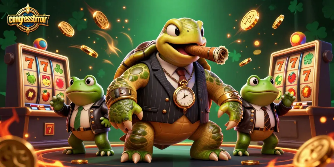 Engage with congressterroir in this dynamic casino illustration featuring a turtle mobster and bullfrog enforcers.