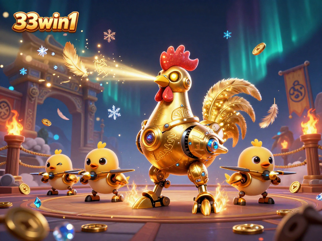 Experience thrilling gameplay at 33win1 with our featured golden rooster robot and baby chick drones.