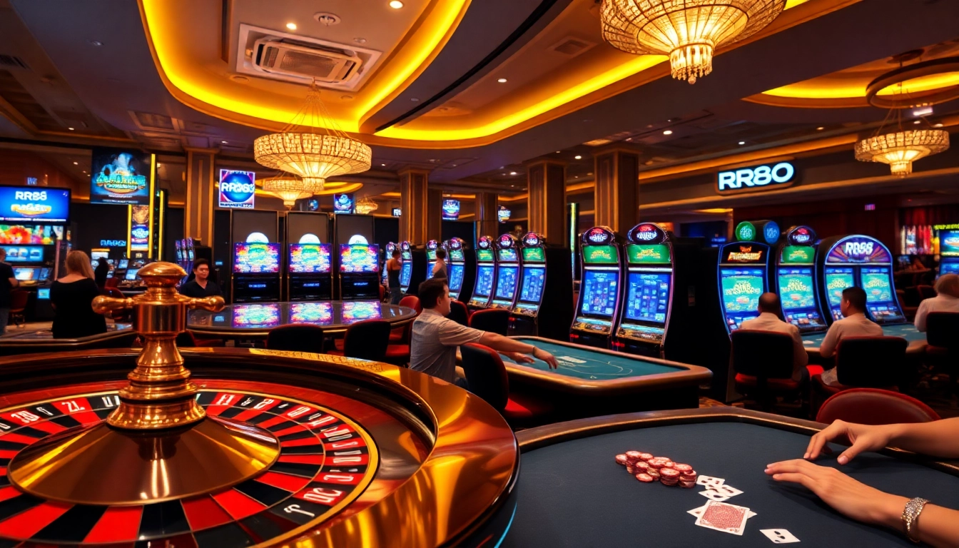 Experience the thrill of RR88 with vibrant casino tables, cards, and slot machines in action.