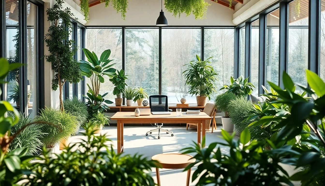 Wintergarten als Buero mit einem eleganten Arbeitsplatz und viel natuerlichem Licht.