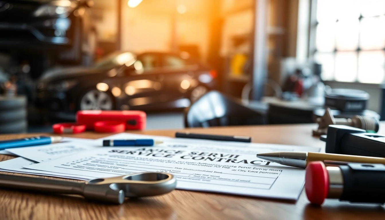 Detailing a vehicle service contract on a desk with automotive tools, showcasing professionalism.