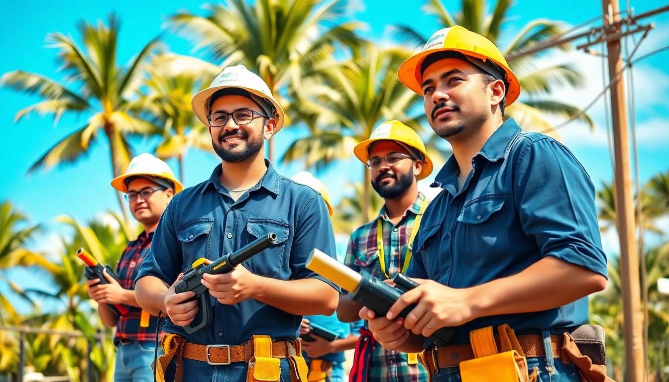 Electrician apprenticeship Hawaii training with diverse apprentices at a construction site.