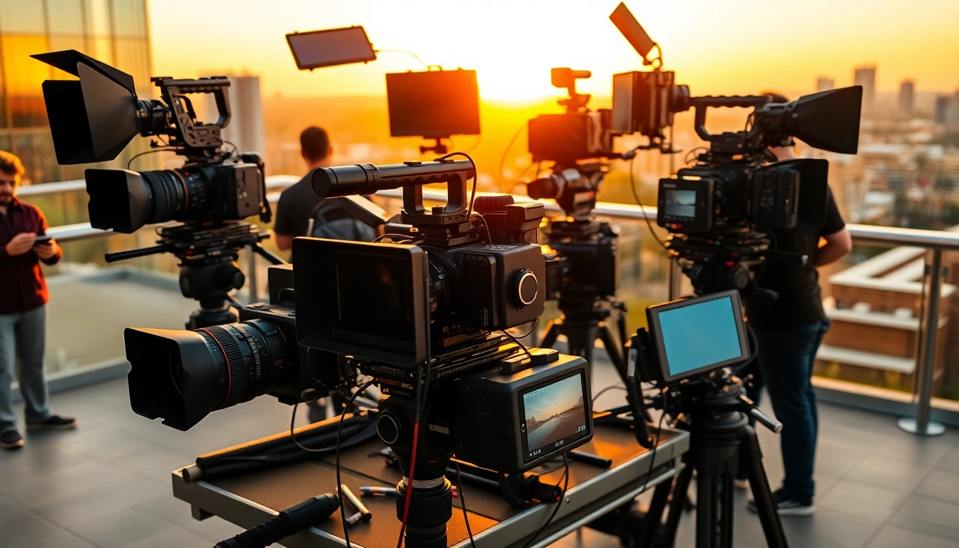 Highlighting mobile production services with high-end equipment in a vibrant sunset setting.