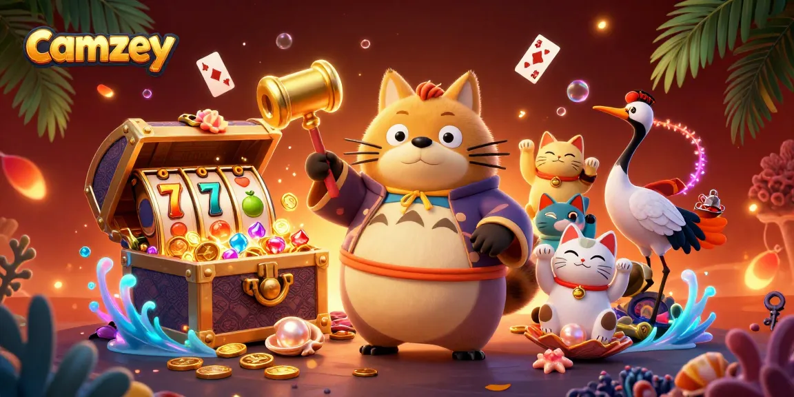 Engage with camzey live casino gaming featuring a cheerful tanuki and vibrant animated elements.