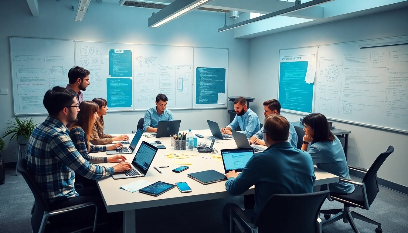 Software engineering professionals collaborating in a modern workspace with laptops and digital interfaces.