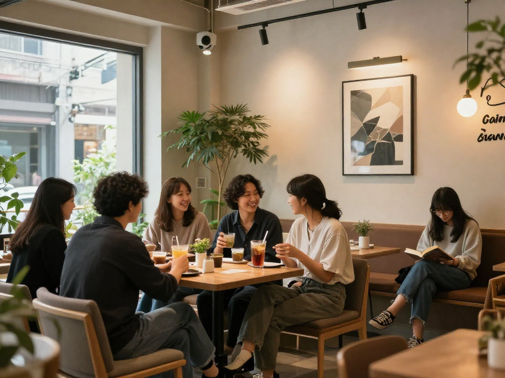 강남쩜오 멀리건의 아늑한 카페 분위기, 편안한 좌석과 조화로운 조명이 특징입니다.