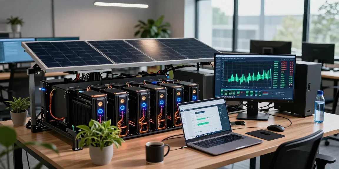 Eco friendly crypto mining workspace with renewable energy metrics and crypto charts.
