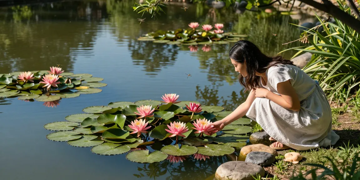 Buy Water Lilies with vibrant blooms enhancing a serene garden pond scene