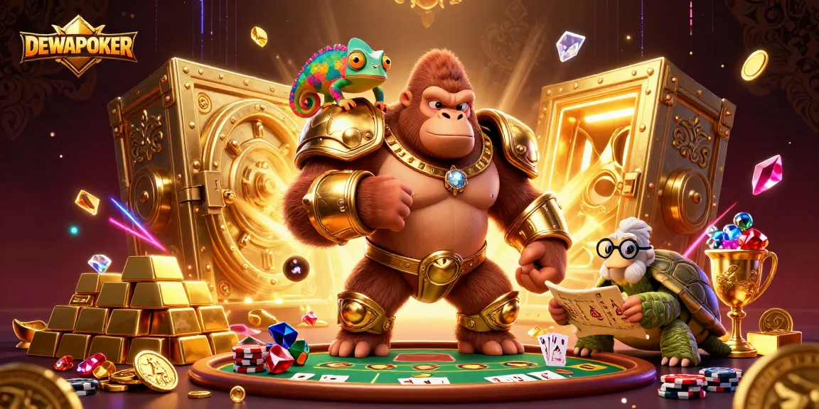 DewaPoker enlivens the gambling experience with a vibrant scene featuring a gorilla king, a color-changing chameleon, and a wise tortoise.