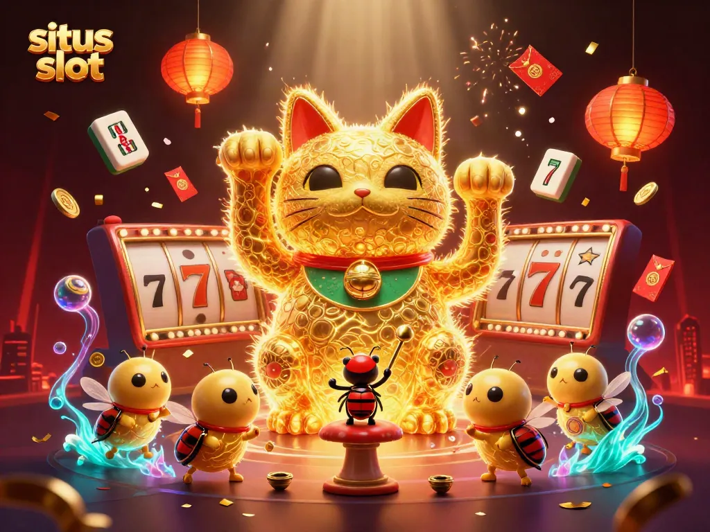 Engage with situs slot in a vibrant 3D scene featuring a lucky cat and casino symbols amidst exciting game elements.