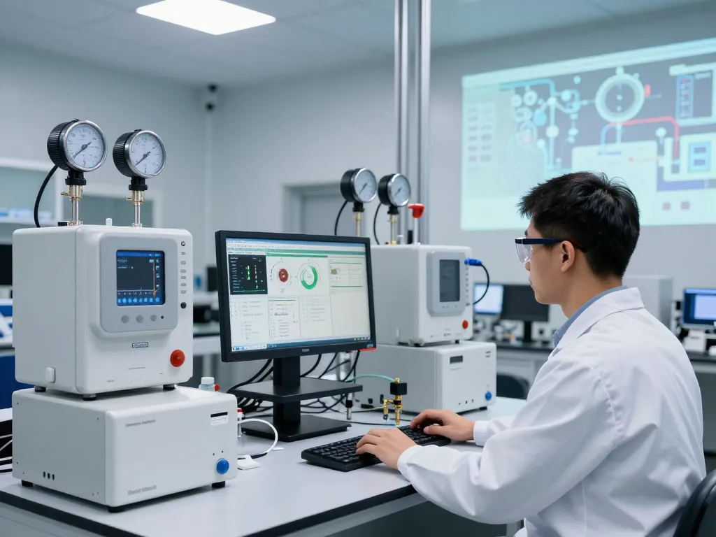 Technician operating Endress Hauser measurement instruments in a modern industrial lab.