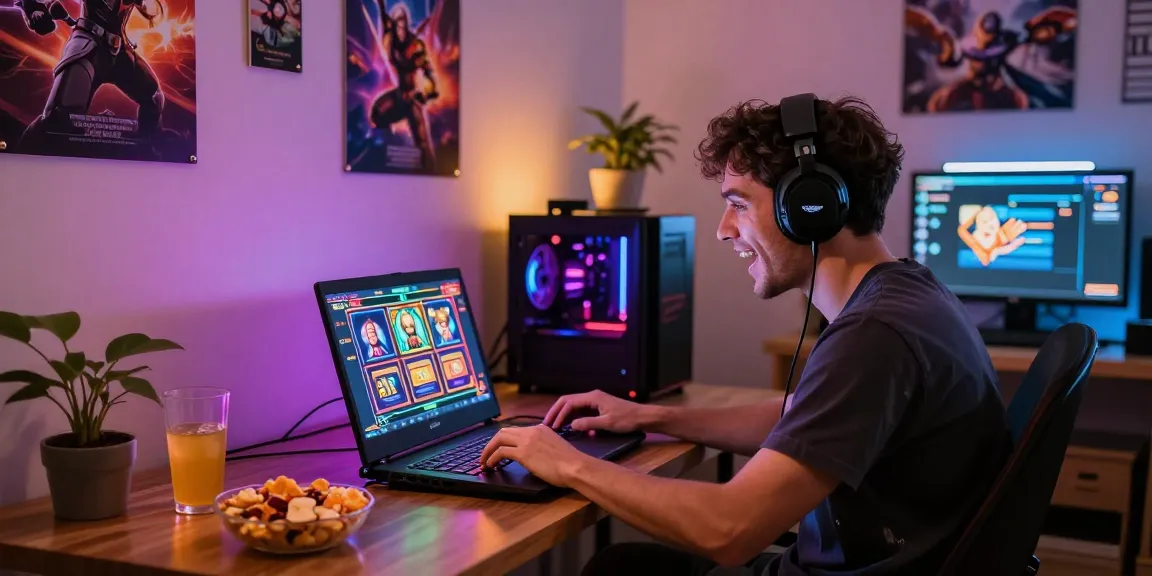 Engaged gamer enjoying slot depo 1k experience at home with vibrant decor and snacks.