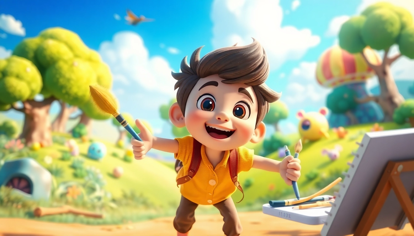 Erstellen Sie eine lebendige 2D Animation mit einem charakteristischen Charakter in einer fantastischen Landschaft.