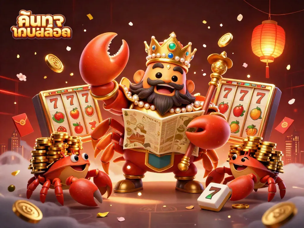 Engage with the vibrant world of ค้นหาเกมสล็อต featuring a golden crab emperor and dynamic slot game elements in a rich illustration.