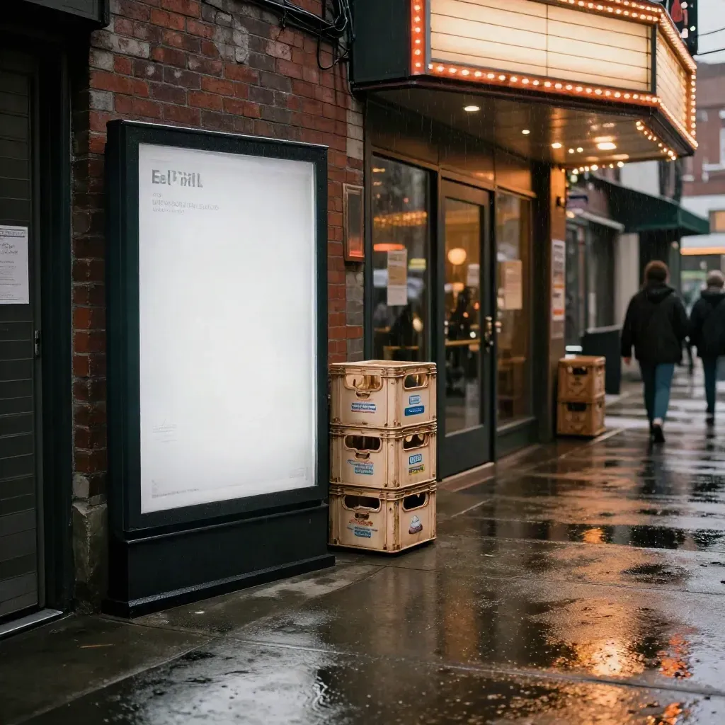 Rain-dark cinema alley with a glowing poster case, milk crates, and wet brick under late neon afterglow.