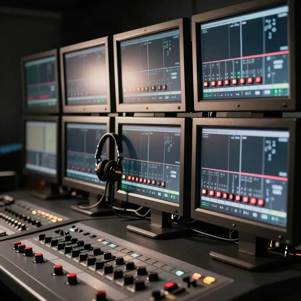 Extreme macro of a broadcast control-room monitor wall with glowing LEDs and coiled cables.