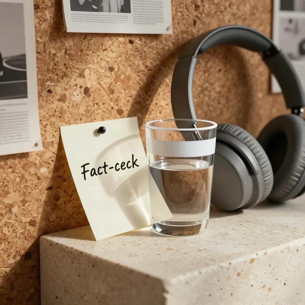Fact-check corner with flagged note tab, water glass, headphones, and blurred clippings on cork.