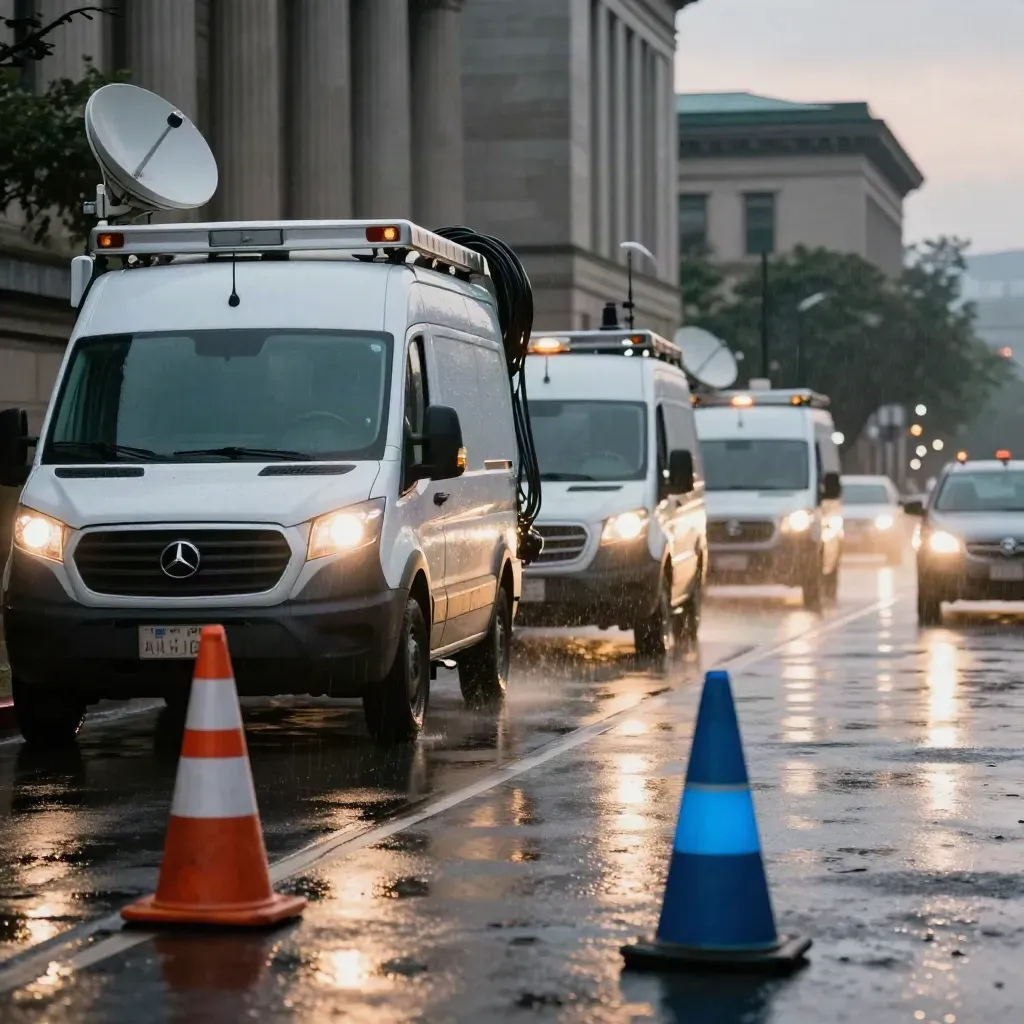 Rainy dawn outside a courthouse: satellite trucks, cones, and headlight spray on wet pavement.