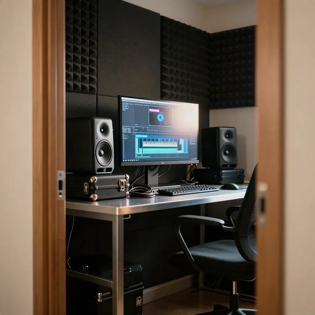 Compact edit suite glowing after a cut, with monitor bloom, speakers, hard cases and a pulled-back chair.
