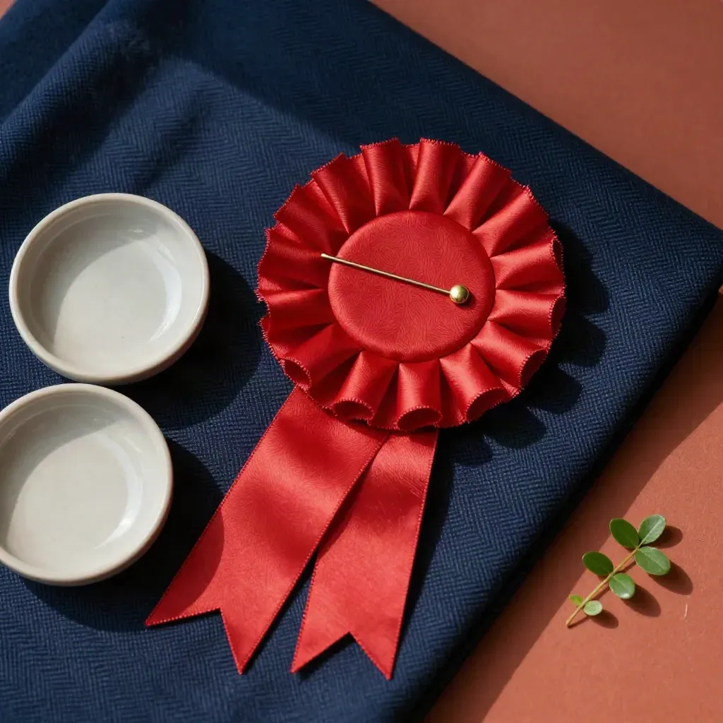 Scarlet campaign rosette on folded navy wool with a ceramic dish and green sprig on terracotta.