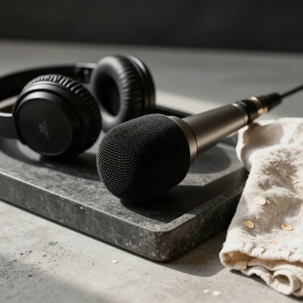 Microphone, headphones, and linen cloth on a dark tray in soft studio light.