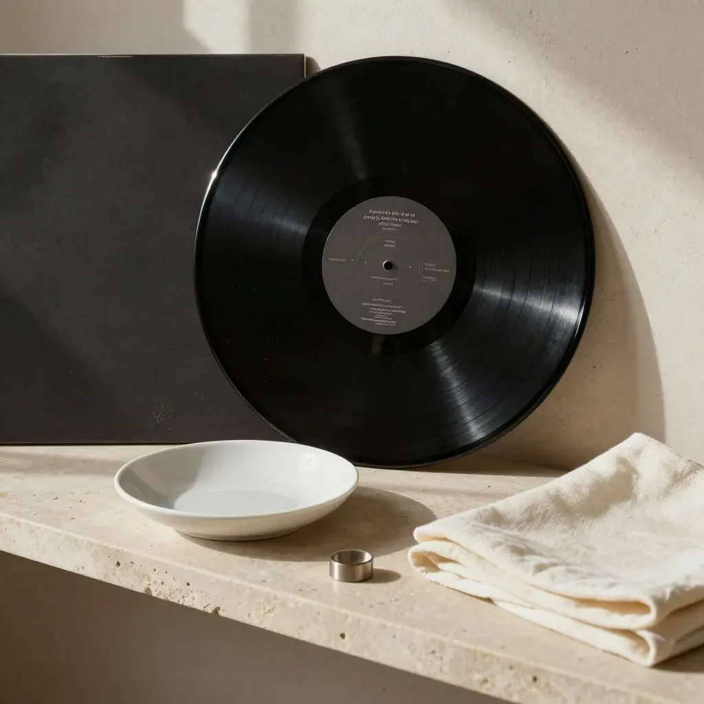 Vinyl record half out of sleeve beside dish and folded cloth on stone