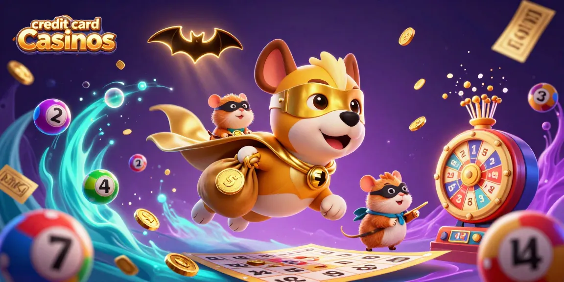 Experience excitement with credit card casinos featuring a superhero dog and golden elements.