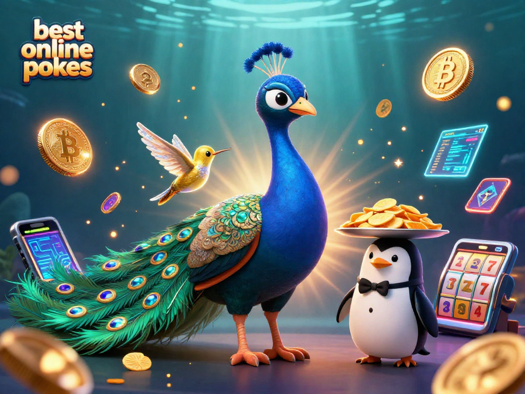 Explore the best online pokies in a colorful casino scene featuring a peacock, penguin, and hummingbird.