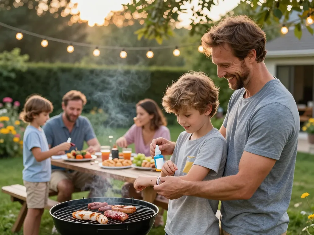 The best mosquito repellent is applied by a father to his son during a joyful backyard barbecue, capturing a lively summer evening mood.
