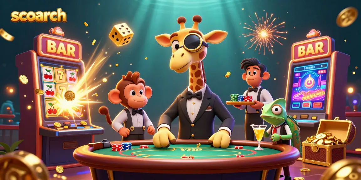 Experience gaming excitement at scoarch with a high-roller giraffe and vibrant casino elements.