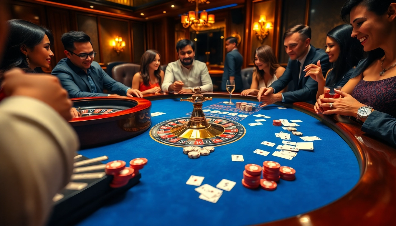 KJC gamblers enjoying a vibrant casino experience with poker chips and a roulette wheel.