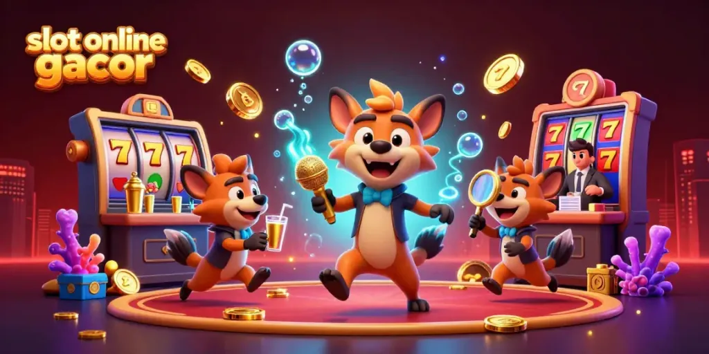 Experience slot online gacor with hyenas running a comedy casino, surrounded by vibrant gaming elements.