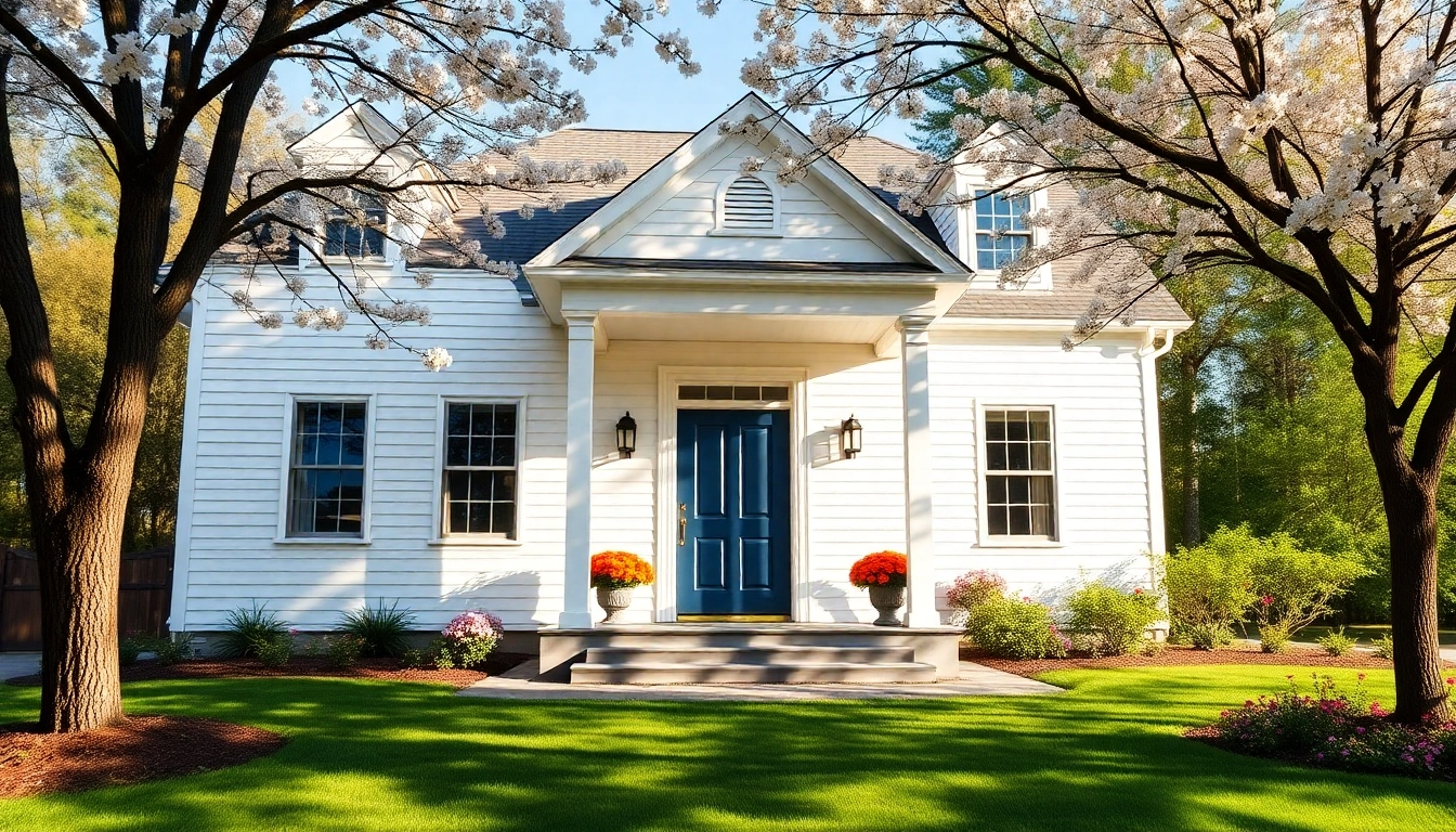 Showcasing a colonial home new build construction with white siding and navy door, framed by a colorful garden.