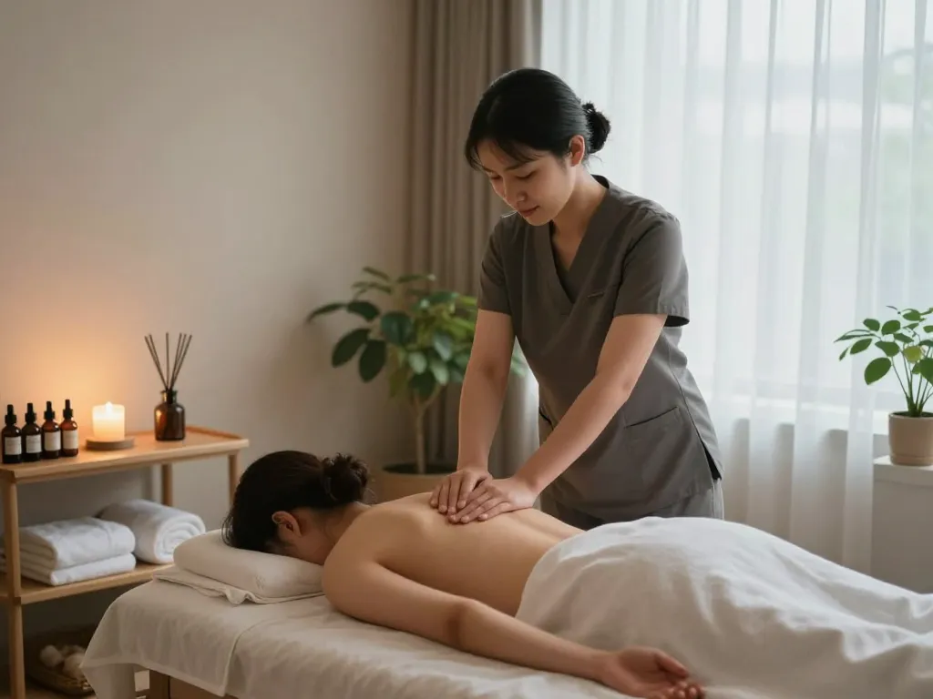 편안한 웰니스 스튜디오에서 인기 있는 논현동마사지 서비스를 선보이는 릴렉싱 스웨디시 마사지 세션.