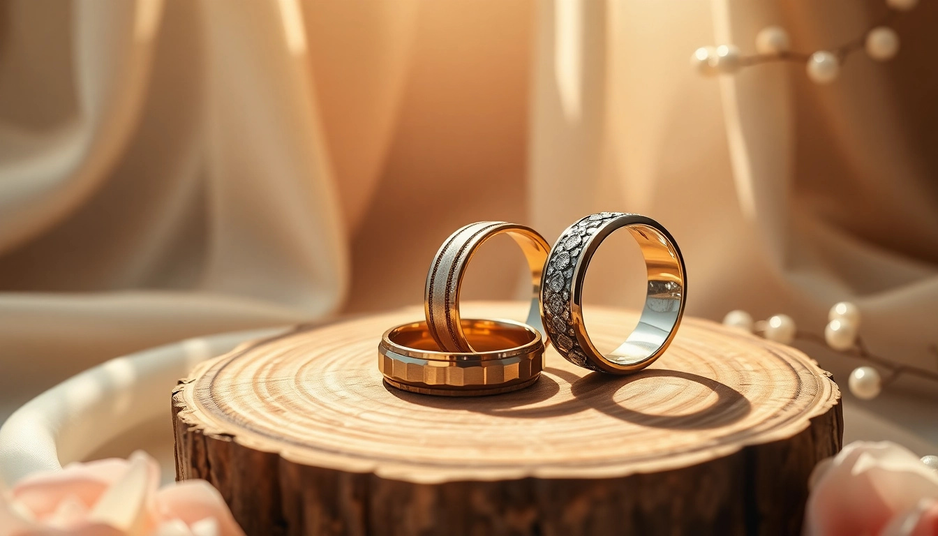 Showcasing mens wedding rings with intricate designs against a warm backdrop.