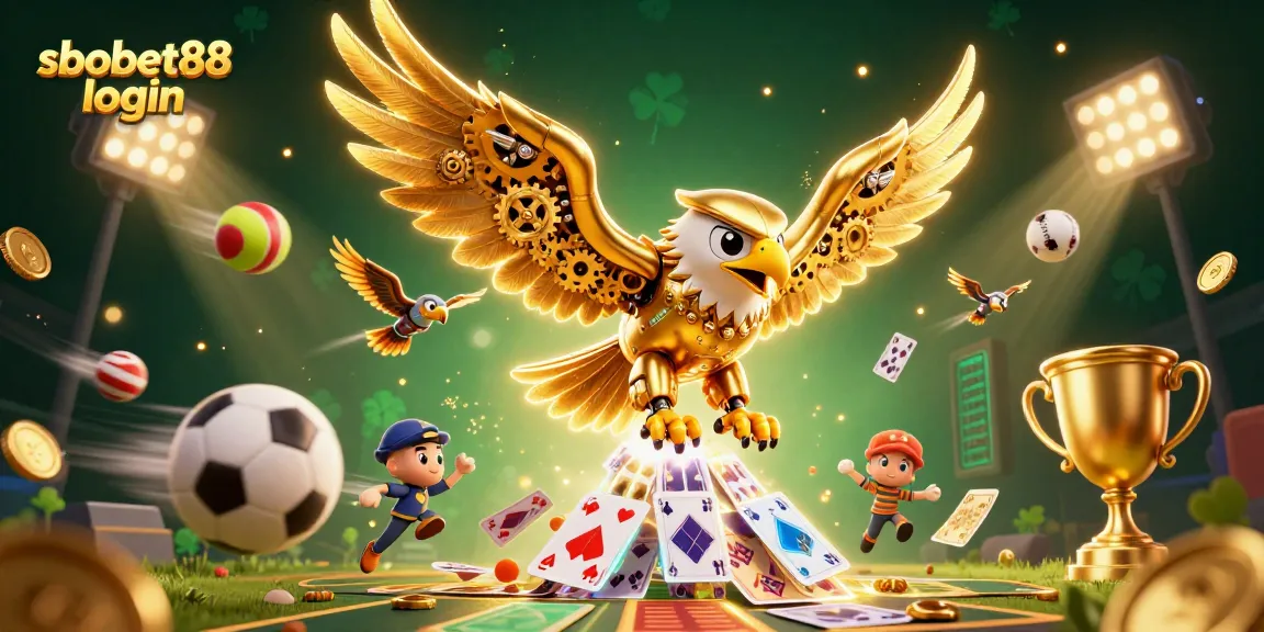 Engage in sbobet88 login with a vibrant scene featuring dynamic sports elements and a cybernetic eagle.