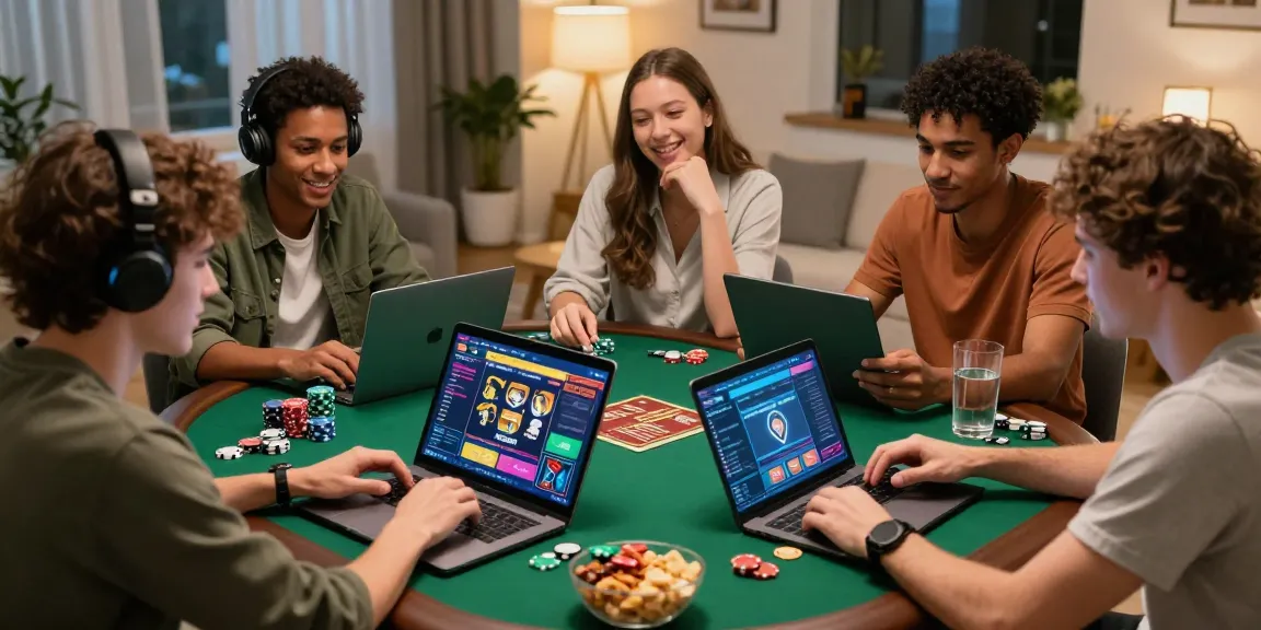 Diverse friends enjoying online gaming at https://sh-bet.com/ with laptops and tablets in a cozy home setting.