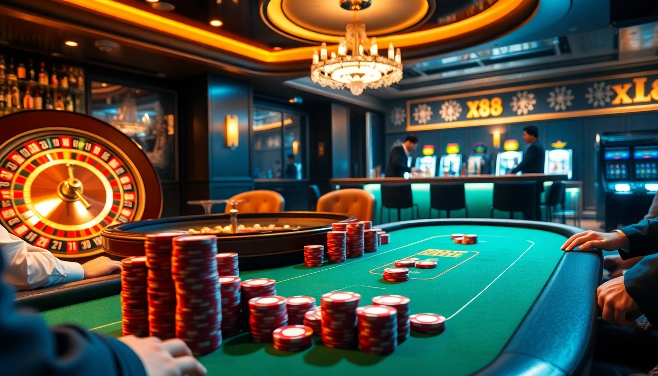 Experience the thrill of Link X88 at a luxurious poker table in a vibrant casino setting.
