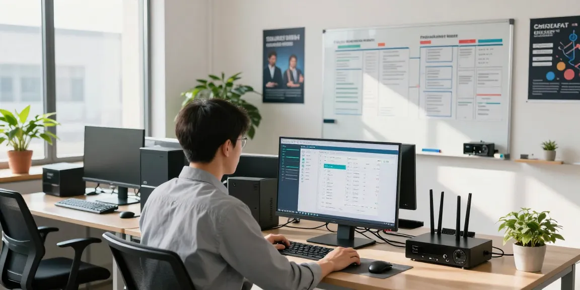 IT business support scene with technician monitoring networks and collaborating in a modern office.