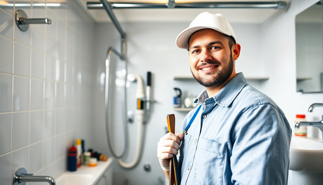 Plumber near me working in a sleek bathroom with organized tools and bright lighting.