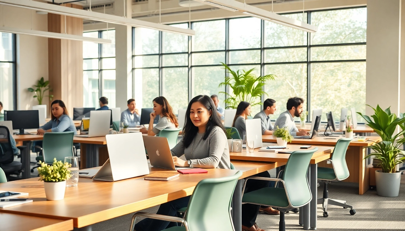 Efficient professionals collaborating in a modern typing center workspace.