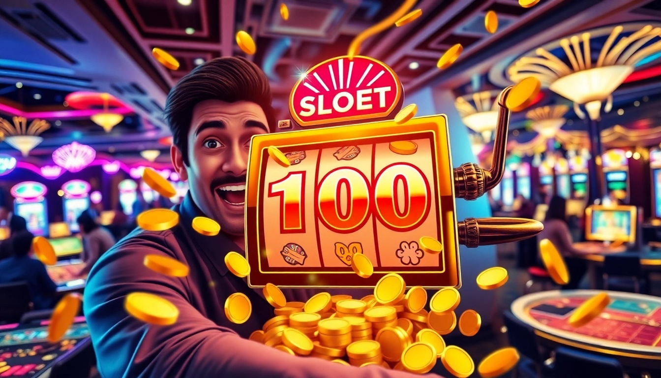 Pemain yang antusias berharap mendapatkan jackpot pada mesin Slot Bet 100, dikelilingi suasana kasino.
