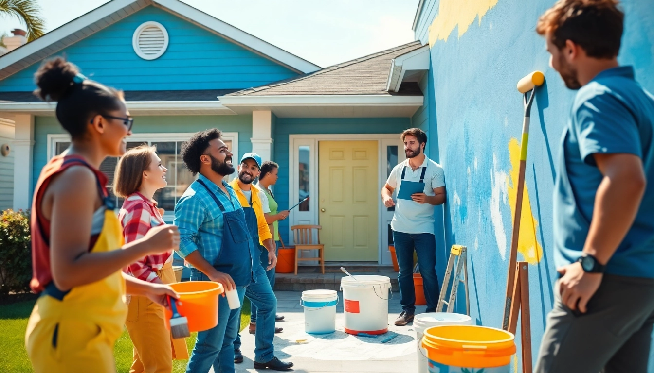 Professional painting companies at work, showcasing teamwork and vibrant colors in a suburban setting.