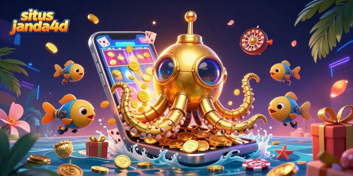 situs janda4d menyajikan ilustrasi kasino dengan kraken emas dan berbagai elemen perjudian yang menawan