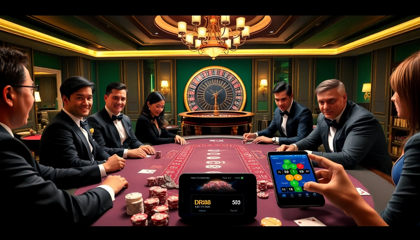 Engage in the excitement of Đăng ký DR88 at a luxurious casino poker table with vibrant players.
